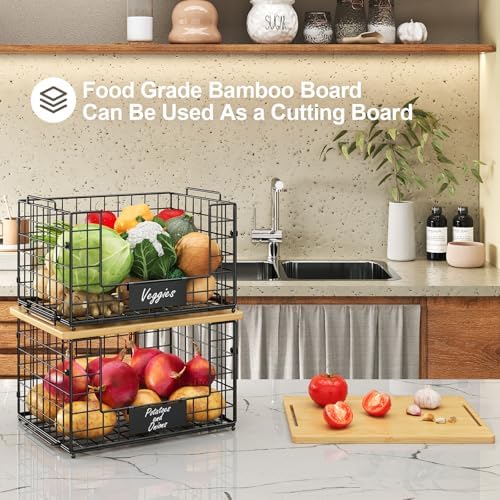 2 Pack Stackable Wire Baskets with Bamboo Top,Pantry Organizers Counter