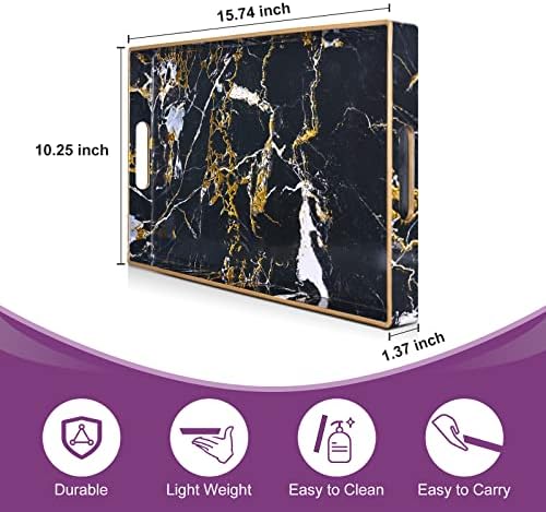 Gifturbo Black Serving Tray,Marble Decorative Serving Trays with Handles, Coffee Table Tray Ottoman Rectangular Plastic 
