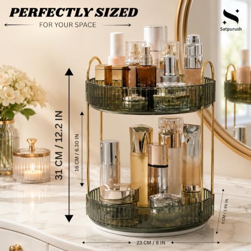 360° Rotating Makeup Organizer, 2 Tier Spinning Cosmetic Organizer for Vanity & Bathroom Countertop, Holds Tall Skincare