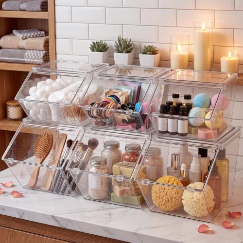 Yerliker 6 Pcs Clear Stackable Storage Bins with Lids, Large+extra Large