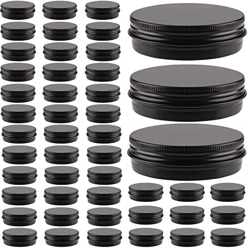 OBKJJ 48 Pcs Aluminum Round Cans with Lid, 2 Oz Metal Tins Food Candle Containers with Screw Tops for Crafts, Food Storage, DIY (black)