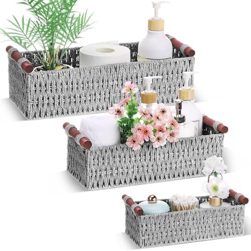 Boao 3 Pcs Boho Storage Wicker Baskets Handmade Woven Decorative Paper Rope Baskets for Organizing with Handle Counterto