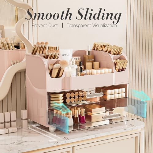 Delamu Large Makeup Organizer Countertop with 6 Brush Holders, Pink