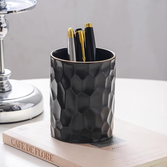Aesthetic Desk Organizer Set of 2 For Office, Ceramic Pen Holder and Paper Clip Holder Dispenser, Cute Pencil Cup Pot for Desk, Desktop Accessories For Women Men, Office Decor Ideal Gifts (Black Set)
