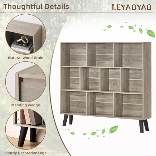 LEYAOYAO 10 Cube Bookshelf,Mid-Century Modern Bookcase with Legs,Retro Grey