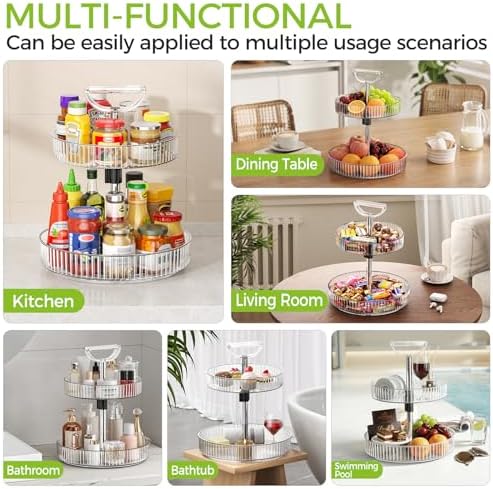 2-Tier Rotating Organizer with Handle – Adjustable Shelf, 360° Lazy Susan Turntable for Kitchen Countertop, Bathroom, Pa