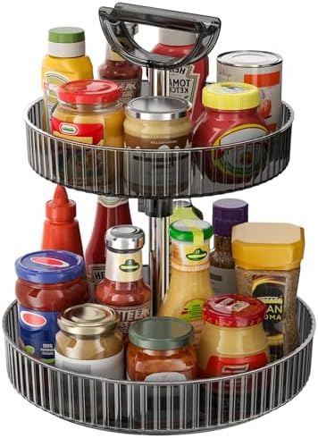 2-Tier Rotating Organizer with Handle – Adjustable Shelf, 360° Lazy Susan Turntable for Kitchen Countertop, Bathroom, Pa