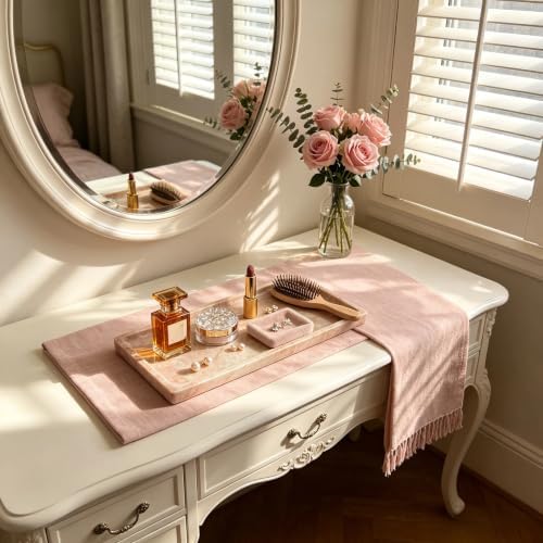Pink Marble Tray for Vanity, Slim Natural Stone Decorative Tray for Bathroom, Perfume Organizer, Jewelry Dish, Kitchen &
