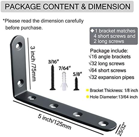Shelf Brackets 16pcs Corner Brace Black Steel L Brackets for Shelves 5 Inch x 3 Inch Decorative Corner Brackets for Wall