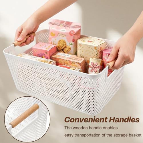 3 Pack Plastic Mesh Basket, White Weave Baskets with Wooden Handles