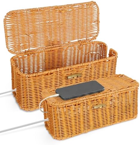 2 Pcs Handwoven Rattan Cable Management Box,Cord Organizer Box with Lid,Open-Slot Cord Hiding Basket,Decorative Storage 