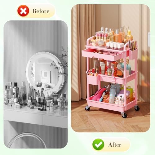 SUNALLY Makeup Cart Organizer with Drawer, 3 Tier Rolling Makeup Cart, Pink