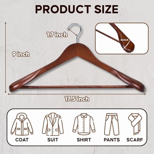 Coat Hanger, 6 Pack Heavy Duty Wooden Hangers with Extra Wide Shoulder, 17.5" Luxury Suit Hanger for Closet, Walnut with 360 Swivel Hook & Strong Pant Bar