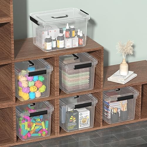 12 Qt Clear Tote Box, Plastic Storage Bin with Lid & Handle Set of 6