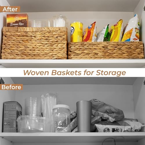 2-Pack Handwoven Water Hyacinth Storage Baskets with Handles, Wicker Bins for Pantry Organization, Shelf or Closet Organizer, Decorative Boho Rectangular Basket 13.5" x 8"