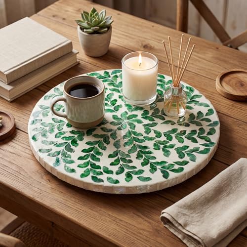 Reallnaive Mother of Pearl Lazy Susan, Round, Green Grass