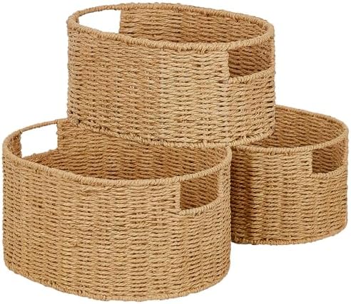Vagusicc Wicker Storage Basket, Set of 3 Hand-woven Storage Baskets for Organizing, Round Large Wicker Baskets for Stora