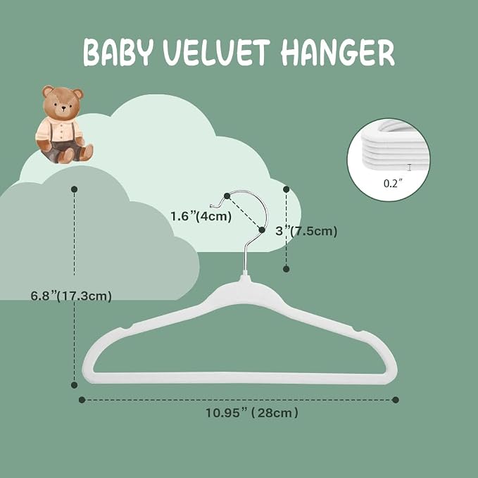 Stormix Baby Velvet Hangers 16 Pack, Kids Non-Slip Felt Hangers with Shoulder Notches, Thin Space Saving Hangers for Closet Organization, 360° Swivel Hook for Toddler's Clothes - White
