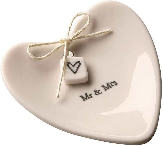 East of India Mr & Mrs Heart-Shaped Ring Dish in Gift Box, Porcelain
