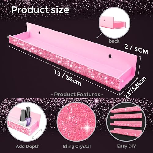 4 Pack Nail Polish Wall Rack, Pink Rhinestone Acrylic Organizer