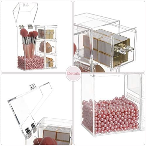 HOSEN Acrylic Makeup Organizer and Brush Holder With Lid Make up Organizer With Pearls Cosmetics Organizer Makeup Brushe