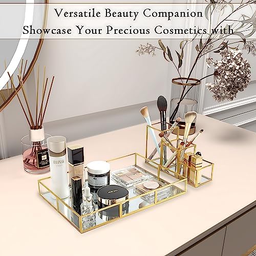 Gold Metal Frame and Glass Vanity Tray Set, Large Decorative Platform for Perfumes, Makeup Brushes, Jewelry Display, Off