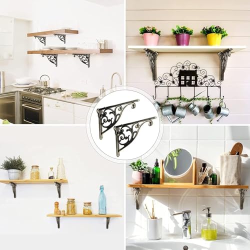 Shelf Brackets 6 Inch 4 Pack Heavy Duty Brushed Antique Brass Wall Bracket Victorian Kitchen Decorative Rack Shelves, Sh