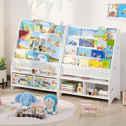 Lerliuo 5 Tier Kids Bookshelf, White Children Sling Book Shelf with 2 Drawers, Baby Toddler Wooden Bookcase and Book Rac