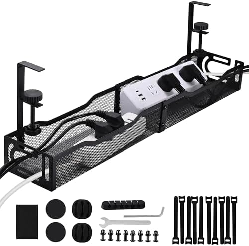 Under Desk Cable Management Tray 25.3 Inch, Clamp-On Cable Organizer Box for Standing Desks, No Drill Cord Management Un
