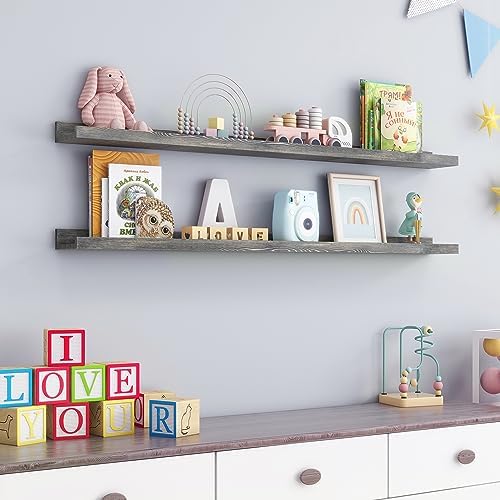 FLYJOE 48 Inches Long Floating Shelves for Wall, Solid Pine Wood Picture Ledge Shelves, Wall Shelves with Lips, Nursery Book Shelves for Toys Storage Living Room Bedroom Photo Frames (2 Pcs, Grey)