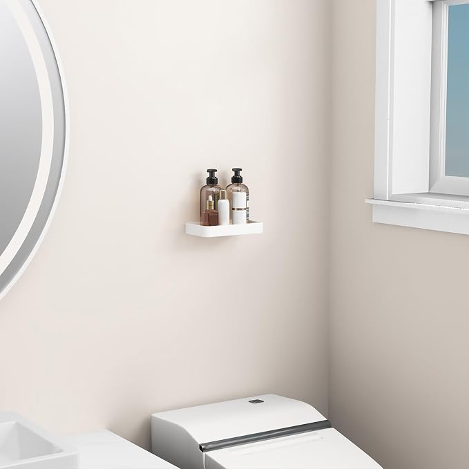 Danpoo 8-Inch Small Wall Shelf, Clear Tempered Glass with Matte White Aluminum Frame – Sleek Floating Bathroom Organizer
