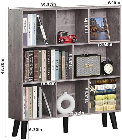 LEYAOYAO 8 Cube Bookshelf,Mid-Century Modern Bookcase with Legs,Dirty Grey