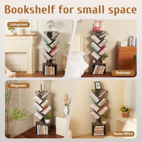 7-Tier Tree Bookshelf with Reading Planner & Activity Panel, Small Bookcase