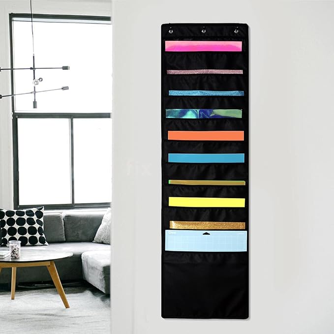 Hanging Organizer, 12x12 Paper Storage, Deep Pocket Vinyl Holder, for Cardstock, Scrapbook, Craft Paper, 3 Door Hooks Included