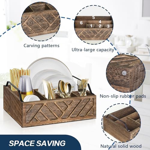 Ukonvi Flatware Organizers Paper Plate Dispenser with Handles, Paper Plate Holder for Kitchen Counter, Wood Rustic Silve
