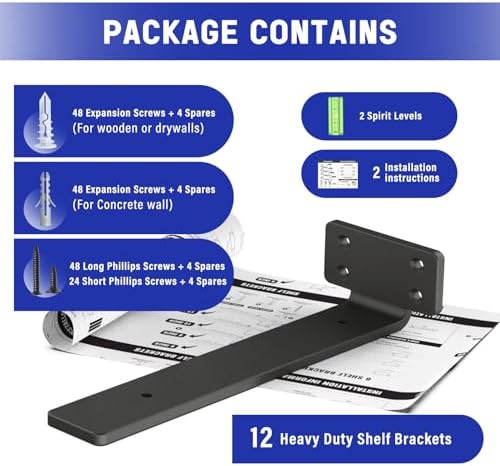 Goovilla Shelf Bracket, Floating Shelf Brackets 10 inch Long, 12 Pack,Black