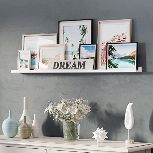 Wallniture Denver 46" Picture Ledge Shelf, Wood Wall Shelves for Photo, Picture Frame, Books, White Bookshelf for Kids R