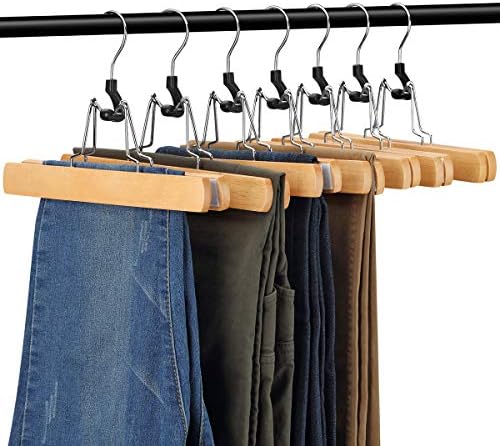 AMKUFO 20 Pack Natural Wooden Pants Hangers with Clips Non Slip Skirt Hangers Trouser Clamp Hanger Solid Wood Hanger with 360° Swivel Hook