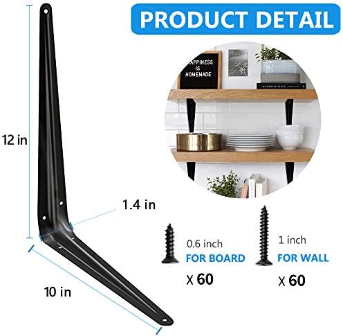 20 Pack Shelf Brackets 12 inches, Heavy Duty Black Iron Metal Floating Shelf Bracket, Rustic Farmhouse Decorative L Brac