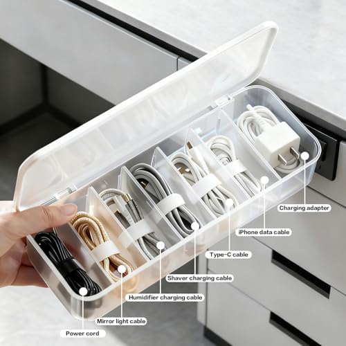 Cable Organizer Box with 7 Wire Ties, 2 Pack Desktop Cord Management Storage Case with Lid, 7 Compartments for Chargers 