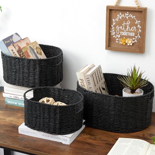 Vagusicc Wicker Basket, Set of 3 Round Storage Baskets for Organizing, Woven Paper Rope Wicker Storage Basket with Handl