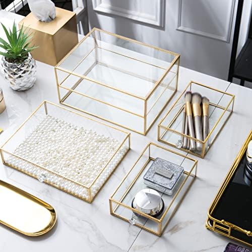 Vellon Gold Glass Box Makeup Organizer, Glass Jewelry Drawer, Vintage Jewel Organizer, Desktop Cosmetic Storage, Makeup 