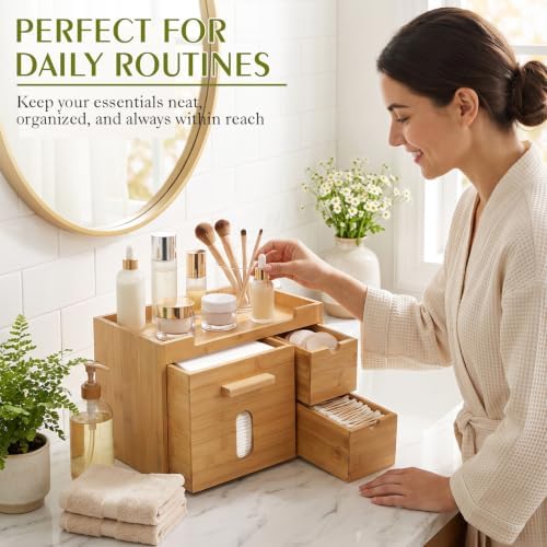 Bamboo Face Towel Holder with 3 Drawers, Vanity Skincare Organizer