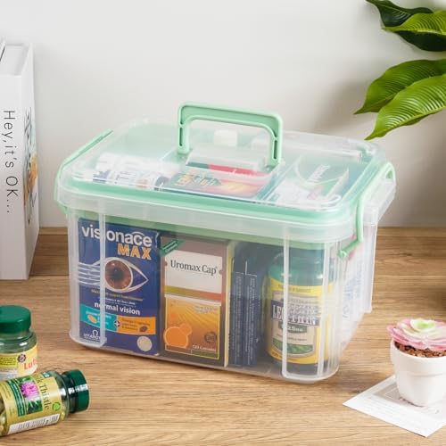 Set of 2 Medicine Organizer - Plastic Storage Box with Handle Green