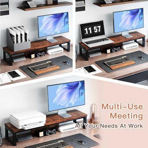 Dual Monitor Stand Riser, Wood and Steel Monitor Riser, Long Computer Monitor Stands for 2 Monitors, Desk Shelf for Comp
