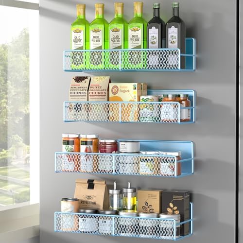DTUQYX Magnetic Spice Rack for Refrigerator, 4 Pack 100% Metal Strong Magnet Fridge Shelves, Space Saving Spice Organize