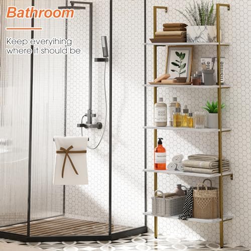 Wolawu Ladder Shelf 5 Tiers Wall Mounted Bookshelf 2-Piece White Marble Modern Bookshelf Open Tall Storage Bookcase Stan