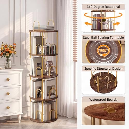 4 Tier Rotating Bookshelf, 360° Spinning Bookshelf Tower, Narrow Corner Book Shelf, Revolving Bookcase Corner Tall Book 