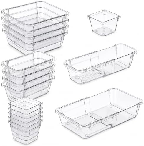 14 Pcs Adjustable Drawer Organizer, Expandable Clear Drawer Organizer