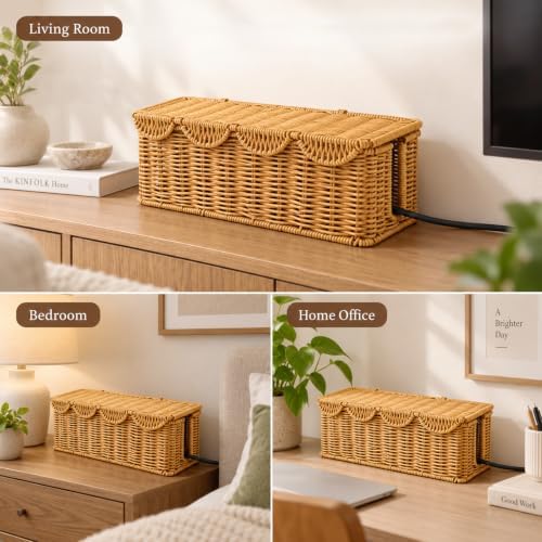 Rattan-Style Cable Management Box, Router Box Hider with 80 Accessories